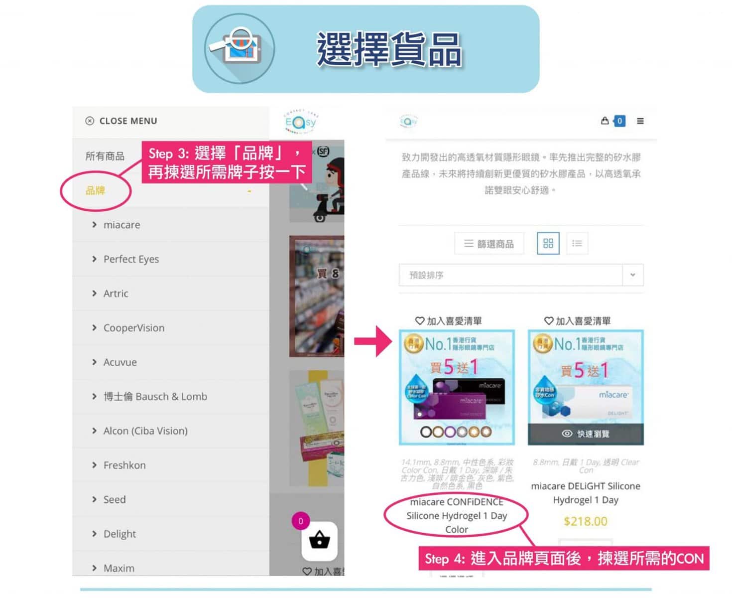 網頁購買流程 (手機版) - Contact Lens Easy
